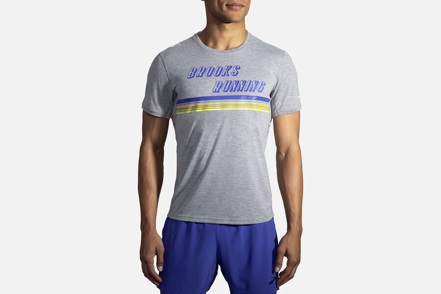 Mens Brooks Distance Graphic Sleeve Tops Heather Ash/Brooks Stripe | 967083-SOP